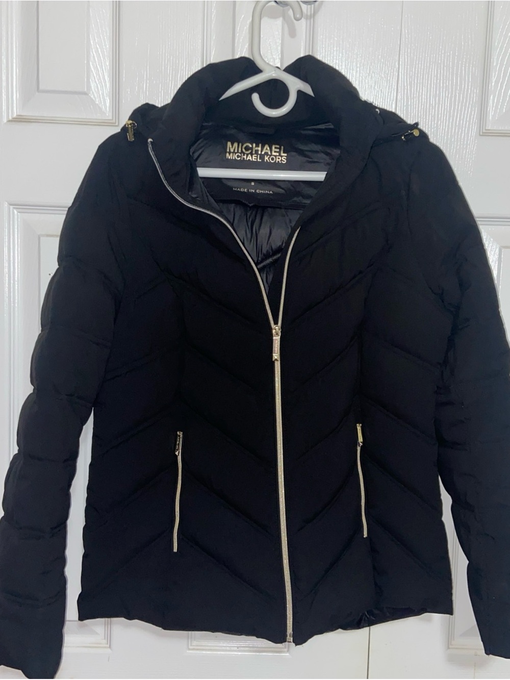 Michael Kors Black Quilted Hooded Puffer Jacket with Gold Hardware